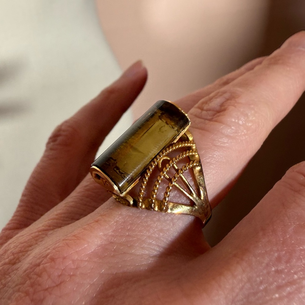 Vintage art deco Smoky Quartz cabochon gold plated oversized cocktail Ring